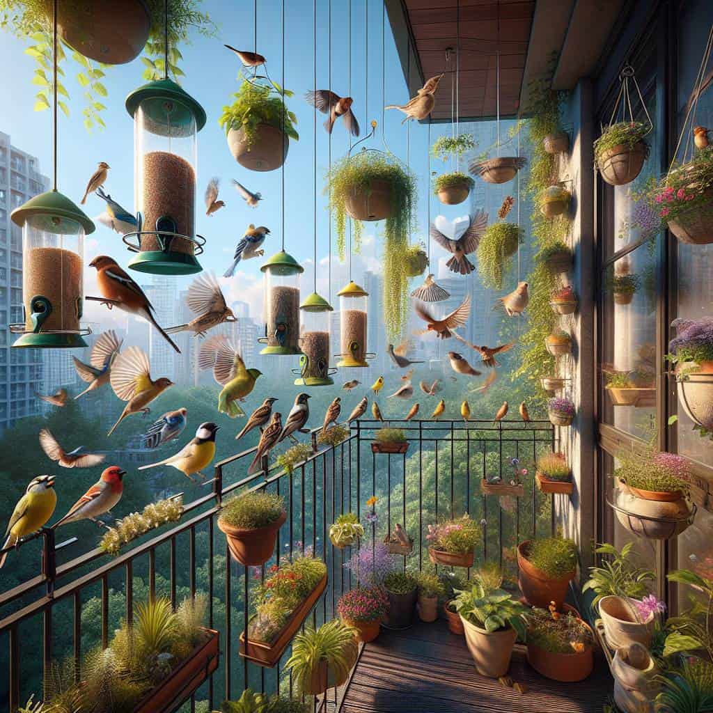 Fostering wildlife with balcony feeders scene.