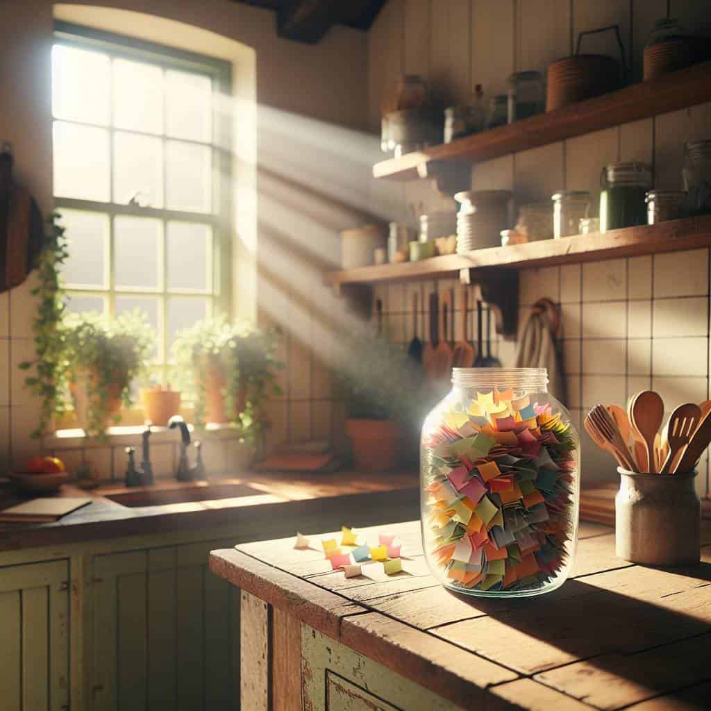 Unlock Joy Daily: How the Gratitude Jar Project Transforms Lives 2 Gratitude jar project in sunlit kitchen.