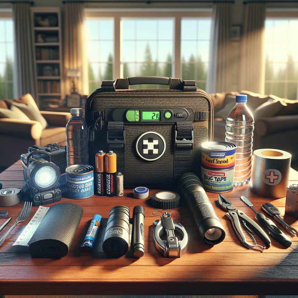Natural disaster prepping kit on table.