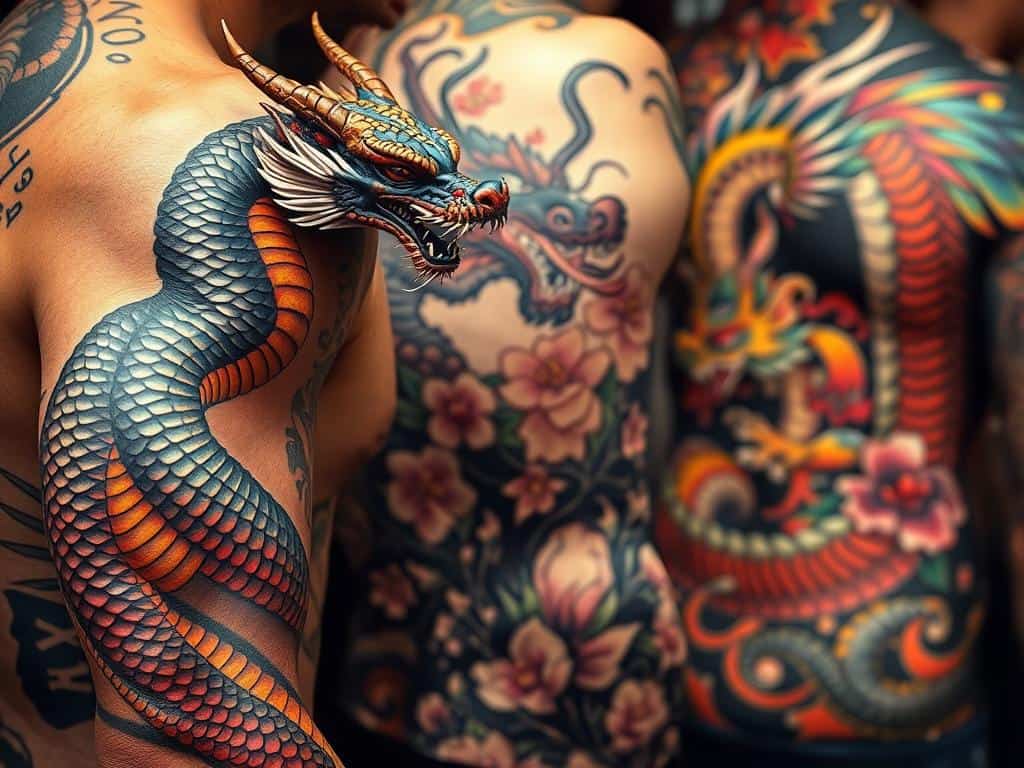 Colorful dragon tattoos in various styles